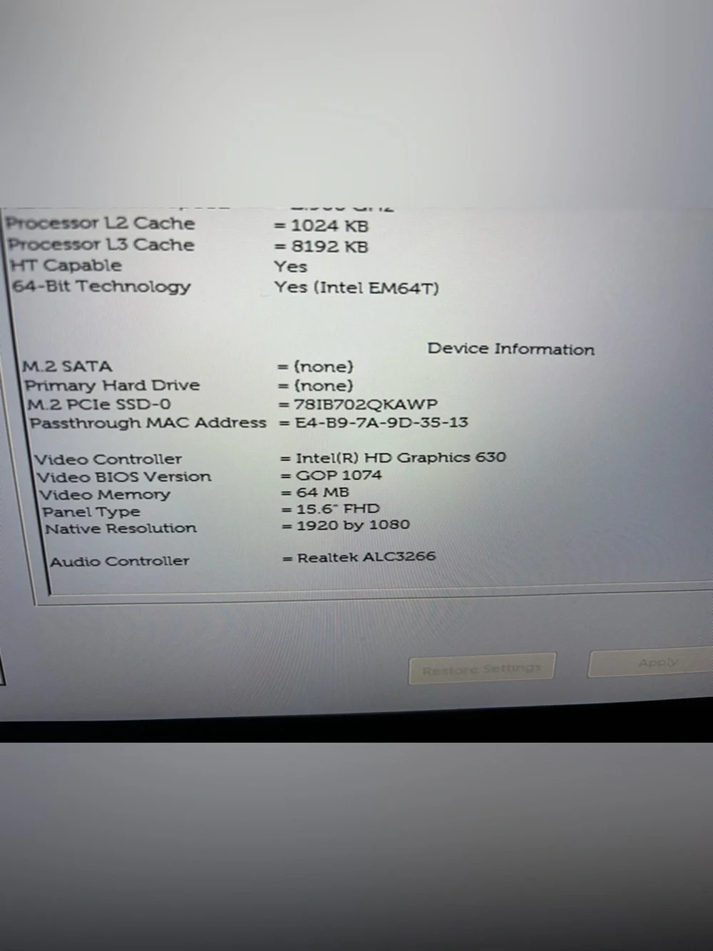 Intel Silver and White Laptop System Information Screen